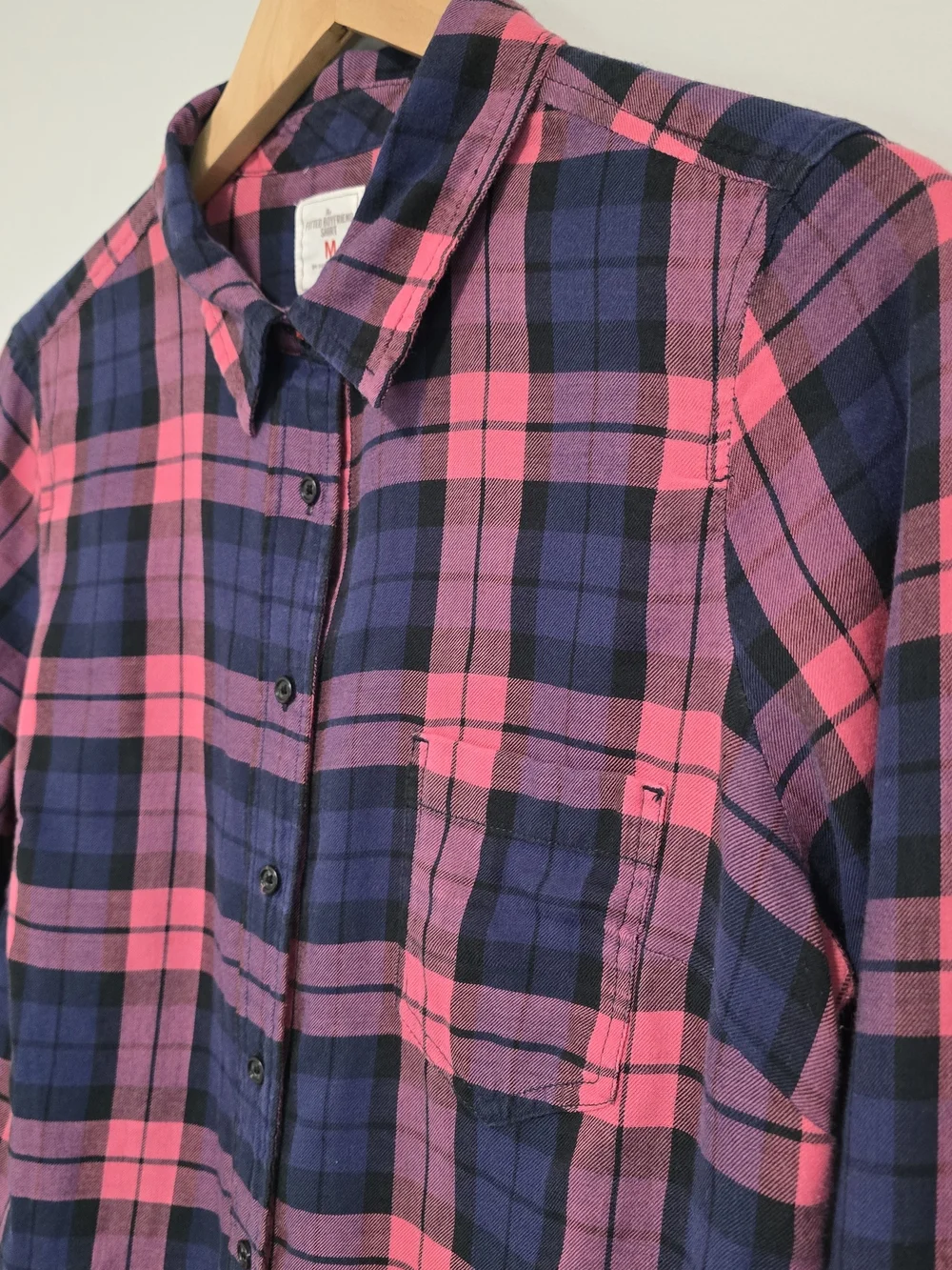 Women’s Pink and Navy Plaid Button-Up Shirt Boyfriend Style Lightweight.
